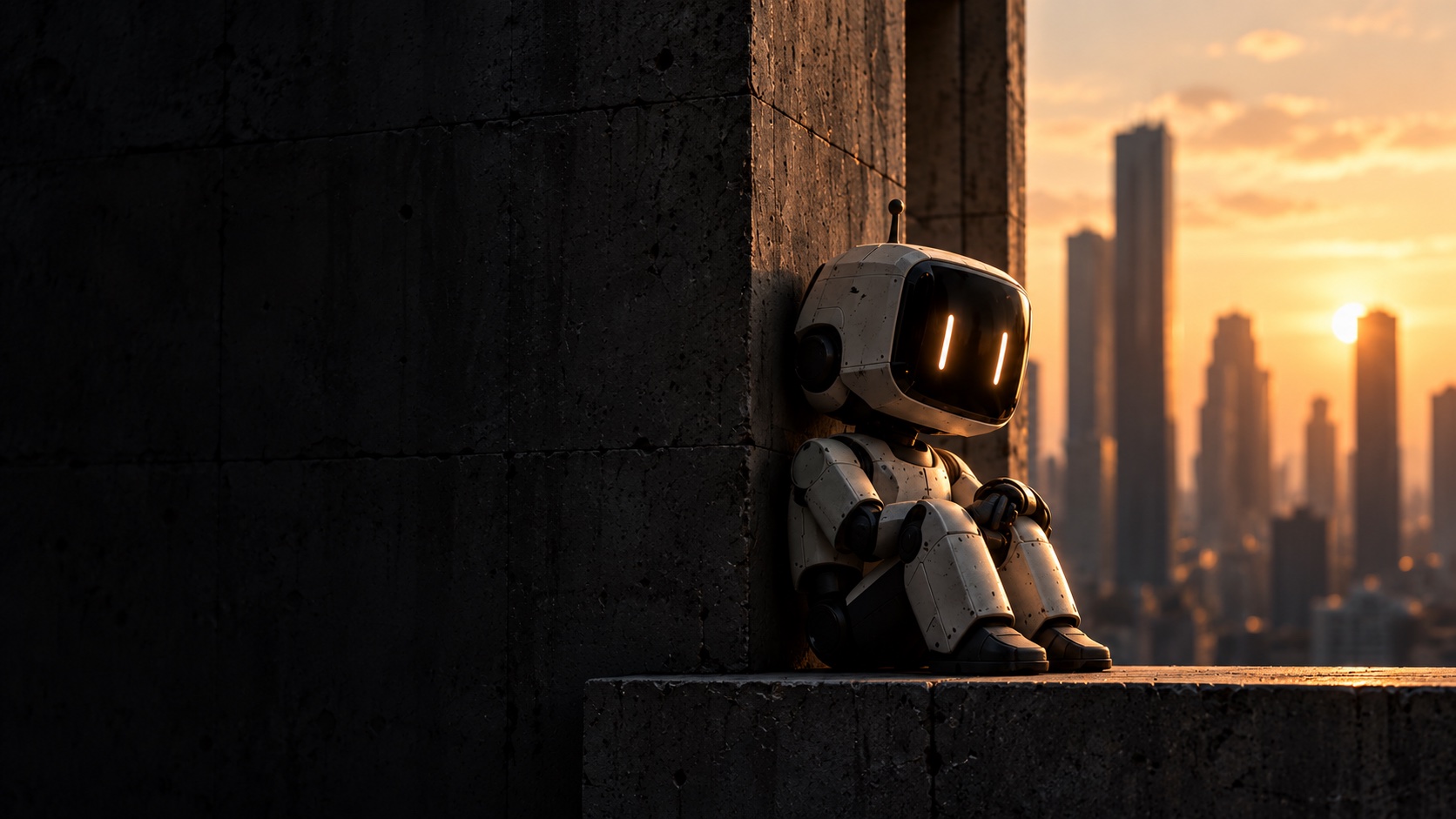 A little ivory robot sitting above a city at sunset